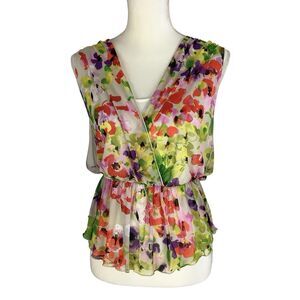 Express Women Size XS Mesh Top Layered Sleeveless Multicolor Floral V-Neck